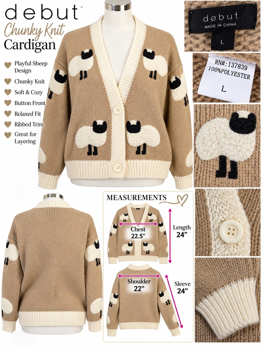 debut Tan and Cream Chunky Knit Sheep Cardigan